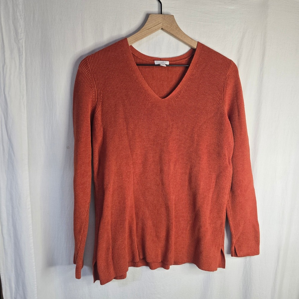 J. Jill V-Neck Ribbed Knit Sweater Womens S Orange Cotton Blend SSW166731 Fall